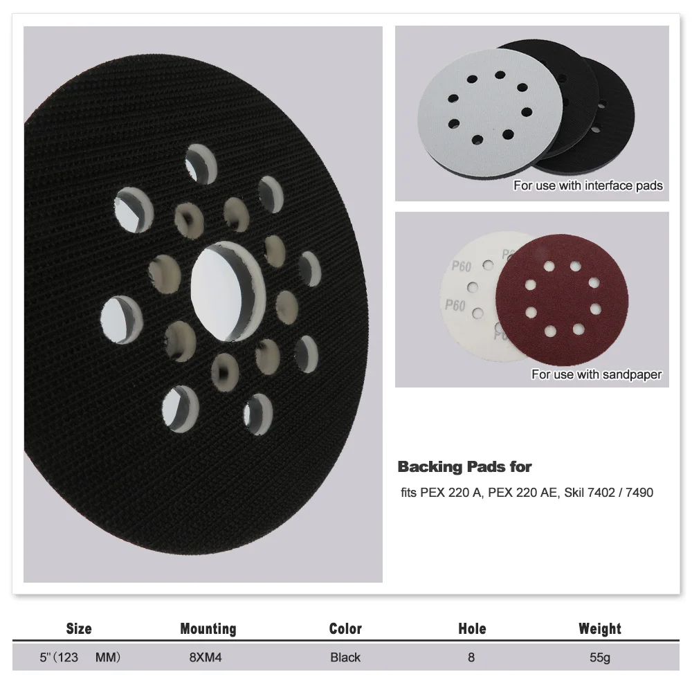 5 Inch 8 Holes Hook and Loop Replacement Backing Plate 123mm 1 Pcs Sanding Pad Compatible for PEX 220A/220 AE Skil 7402/7490