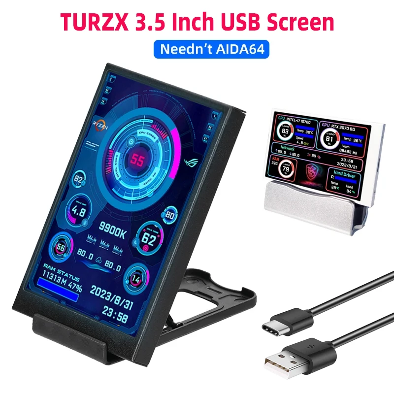 TURZX Schermo secondario USB IPS da 3,5/5 pollici per computer CPU GPU RAM HDD Monitor Display tipo C NO AIDA64 LCD per Windows 10 11