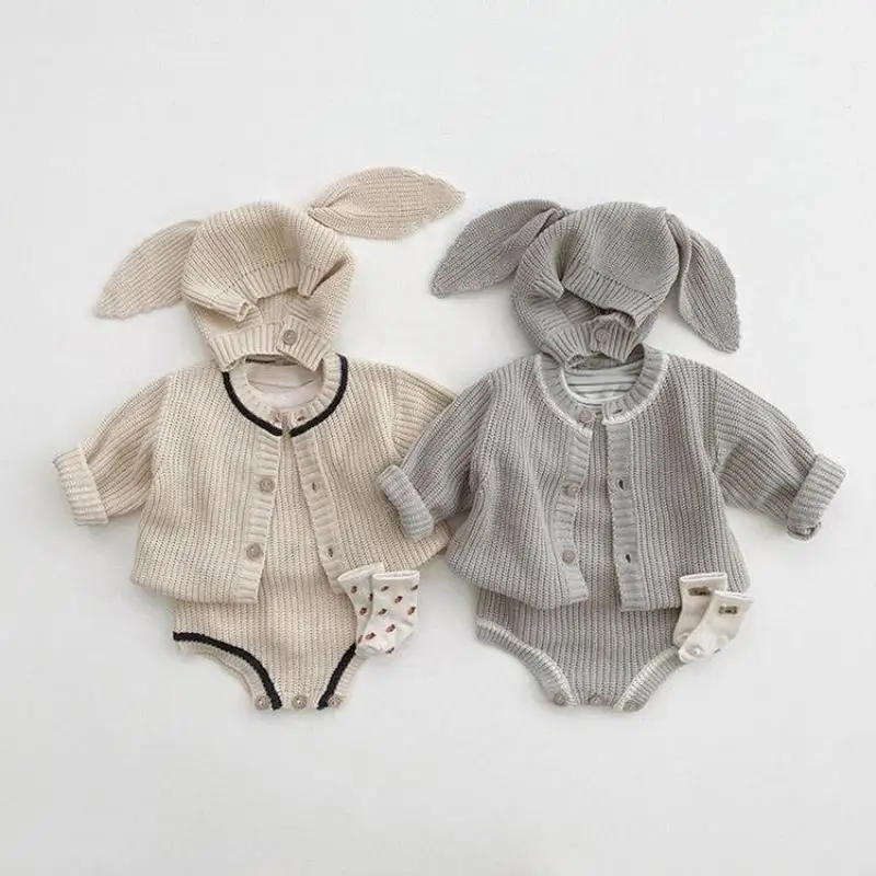 0-24m Infant Girls Simple Knitted Tender Cardigan Newborn Baby Soft Sling Knitwear Bodysuit Fashion Cute Solid Rabbit Ear Cap