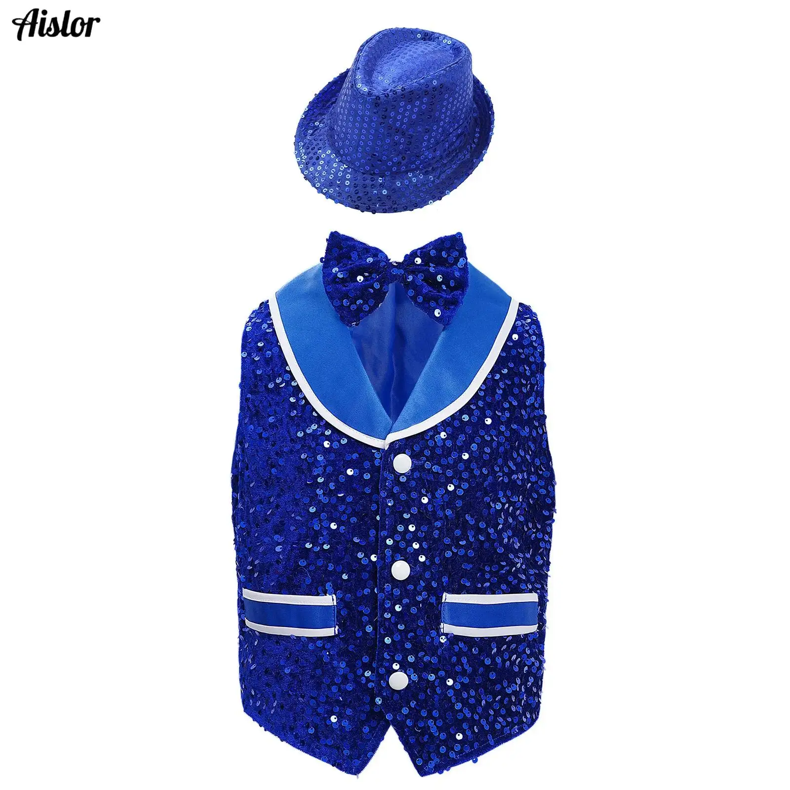 

Kids Boys Girls Jazz Dance Performance Outifit Gentleman Sparkling Sequins Velvet Vest Buttons Waistcoat with Bowtie and Hat Set