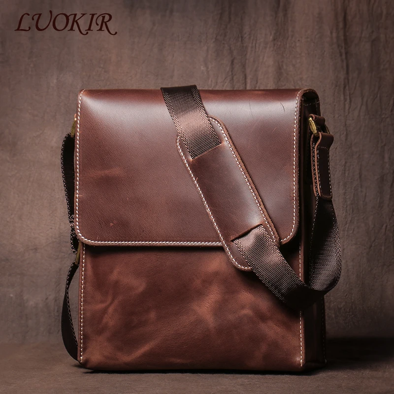 

LUOKIR Men's Genuine Leather Simple Crossbody Bag Vintage Classic Flap Single Shoulder Messenger Bag Cowhide Vertical Sling Bag