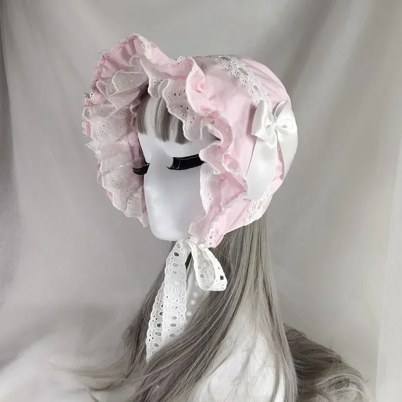 Peregrino vittoriano Cofano Lolita Girl Vintage Ruffles Cameriera Accessori per costumi cosplay Cappello con fiocco in pizzo per le donne Regalo Berretto di zucca