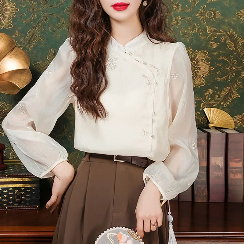 New Long Sleeve Stand Collar Women Blouse Embroidery Blouse Shirt Women Tops Blouses Shirts Blusas Para Mujer Camisas Blusa M677