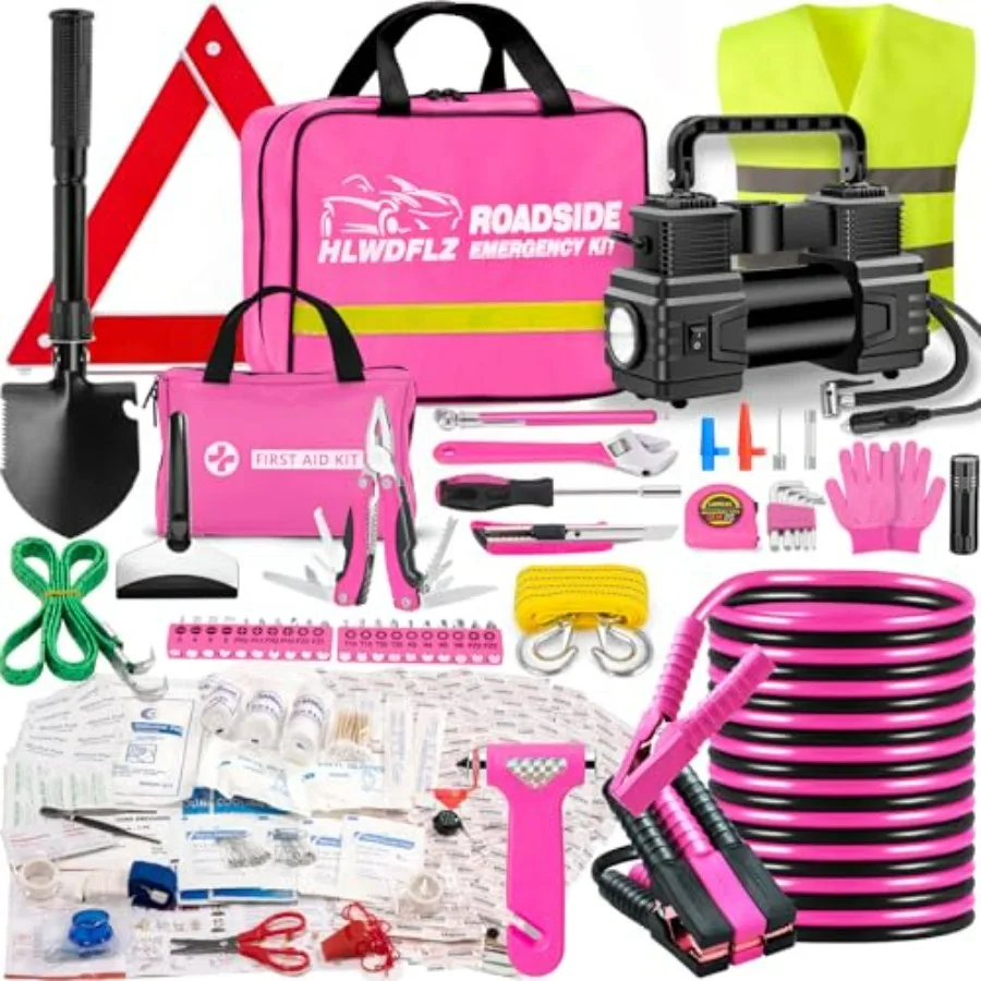 Car Emergency Kit with Portable Air Compressor - Pink Roadside Assistance Kit with Jumper Cables First Aid Supplies Auto Tools