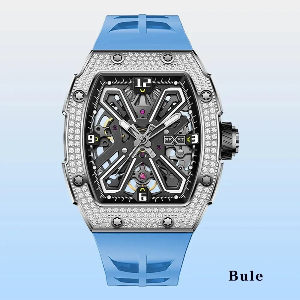 

BEXEI 2025 Inlaid zircon Automatic Mechanical men watch Luxury 80 Hours Power Barrel shaped Sapphire Mirror Luminous waterproof