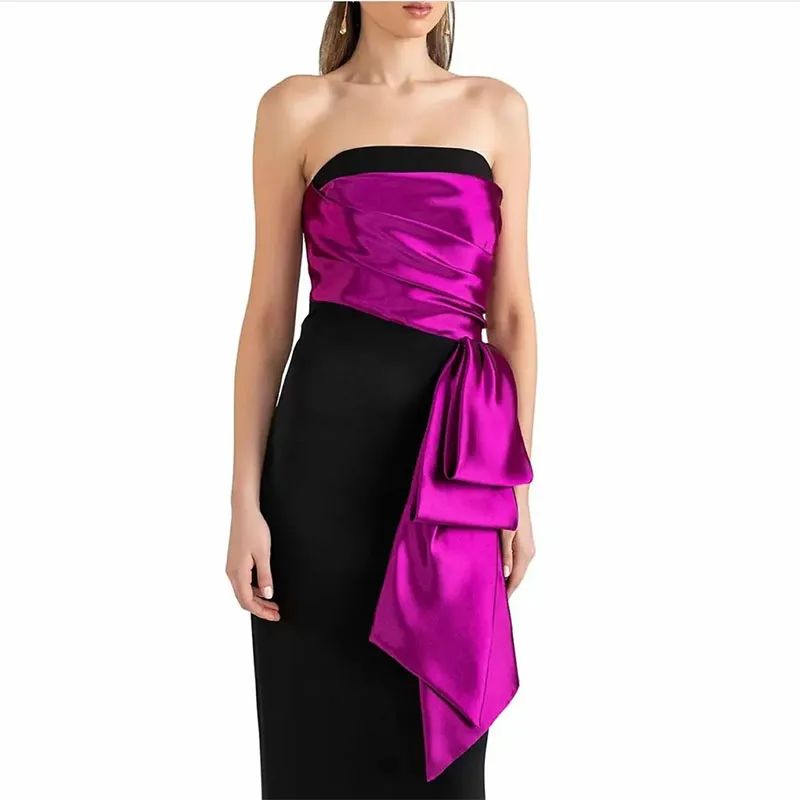 Vintage Long Black&Fuchsia Evening Dresses With Sash Strapless Ankle Length Formal Occasion Pleated Prom Party Gowns