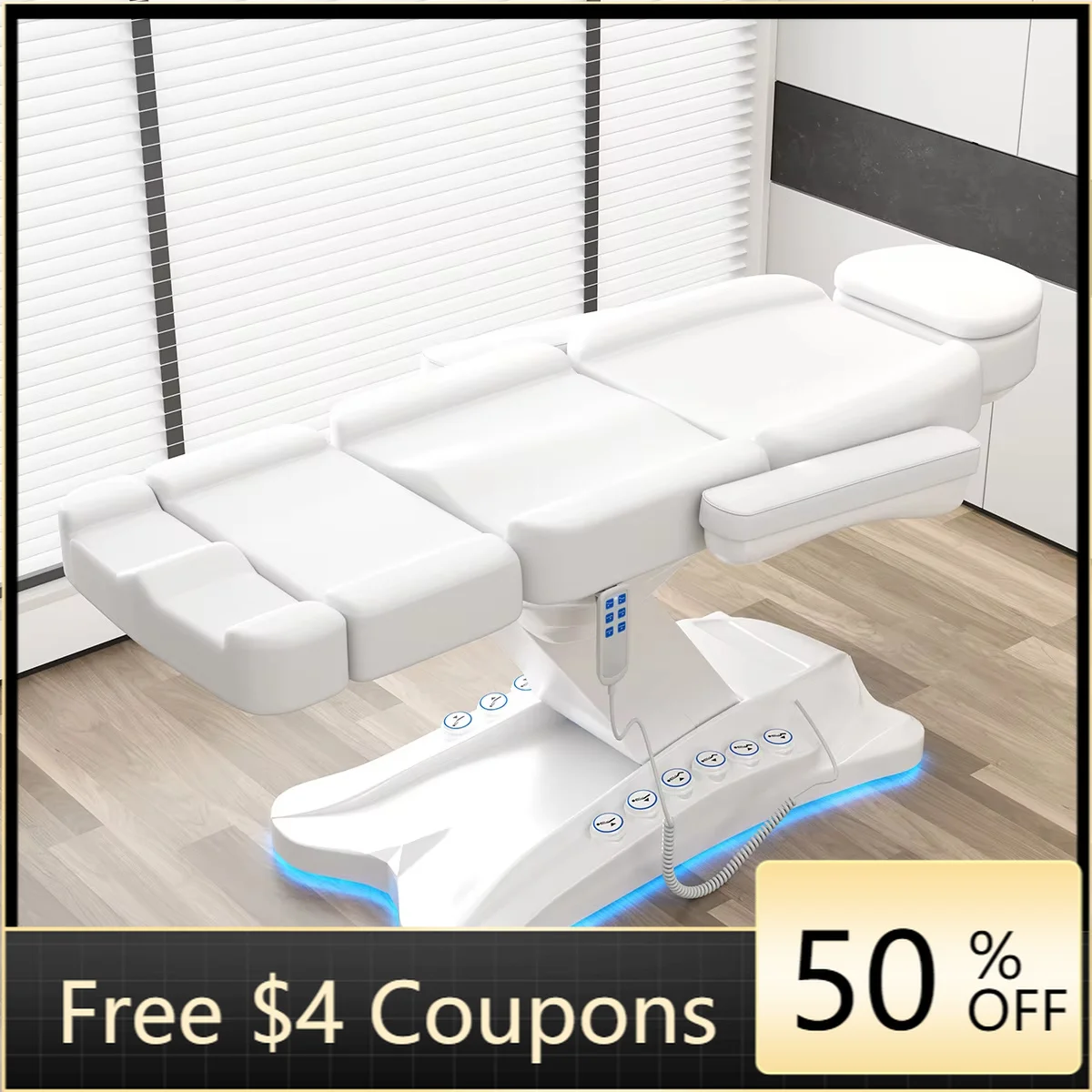 Electric Tattoo Chair White PU Split Leg Design 3 Motors Remote & Foot Control LED Light Reclining Cosmetic Bed for Microblading
