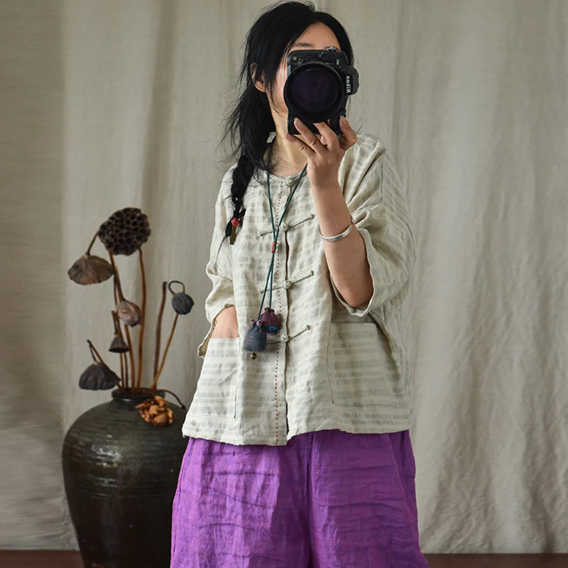 

Женская повседневная льняная рубашка большого размера, Новое поступление, лето 2022, винтажный стиль, свободные удобные женские топы с круглым вырезом, рубашки M1365