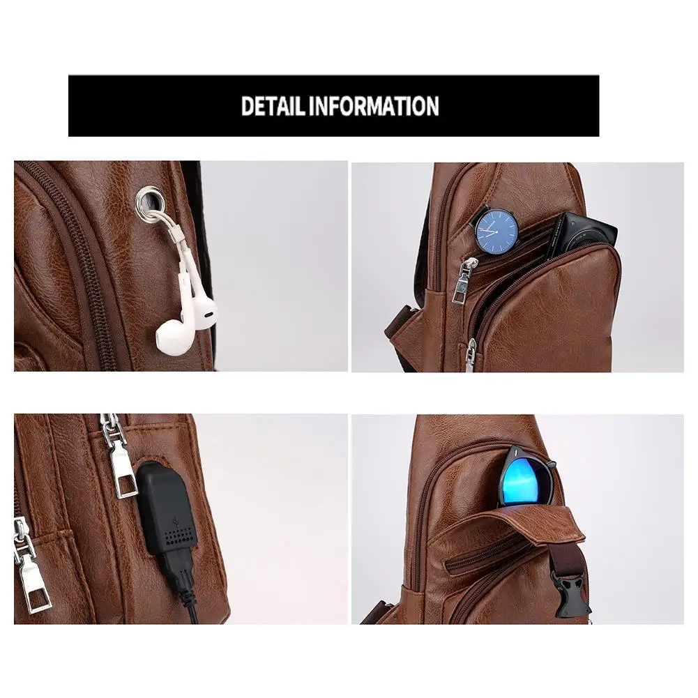 Modische Herren-Brusttasche aus PU-Leder mit USB-Ladeanschluss, lässige Umhängetasche, diebstahlsichere Reisetasche für Männer, Arbeitstasche – Detail 18