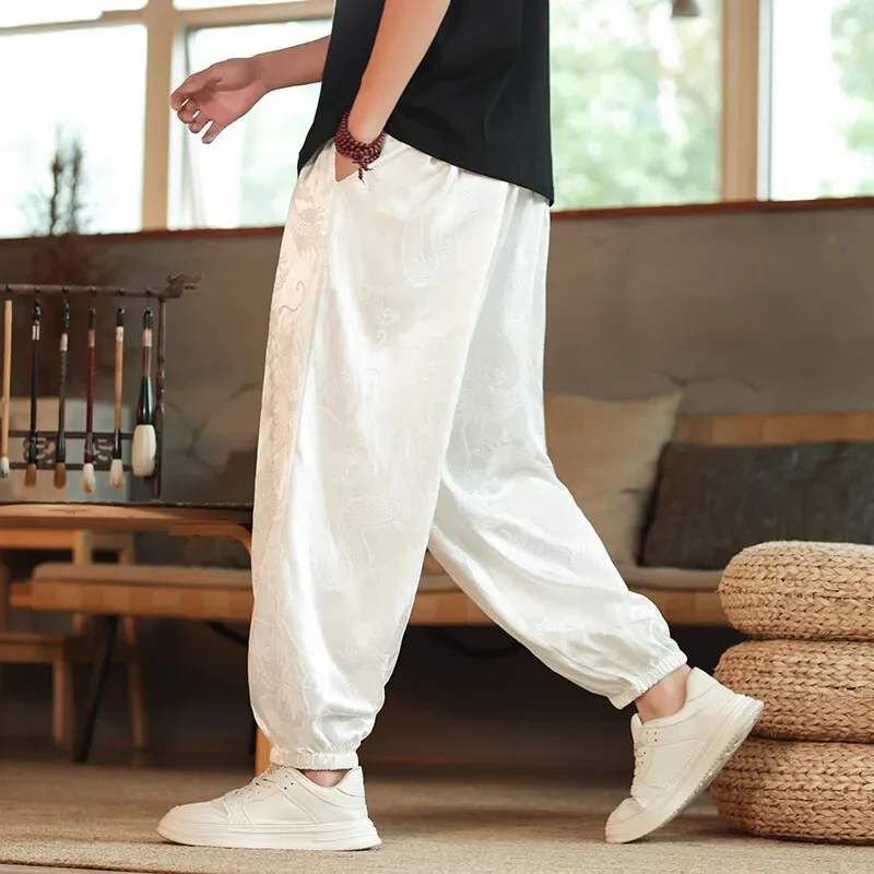 Summer Men's Pants New Chinese National Style Ice Silk Drape Dragon Pattern Bloomers Men's Loose Leggings Casual Pants