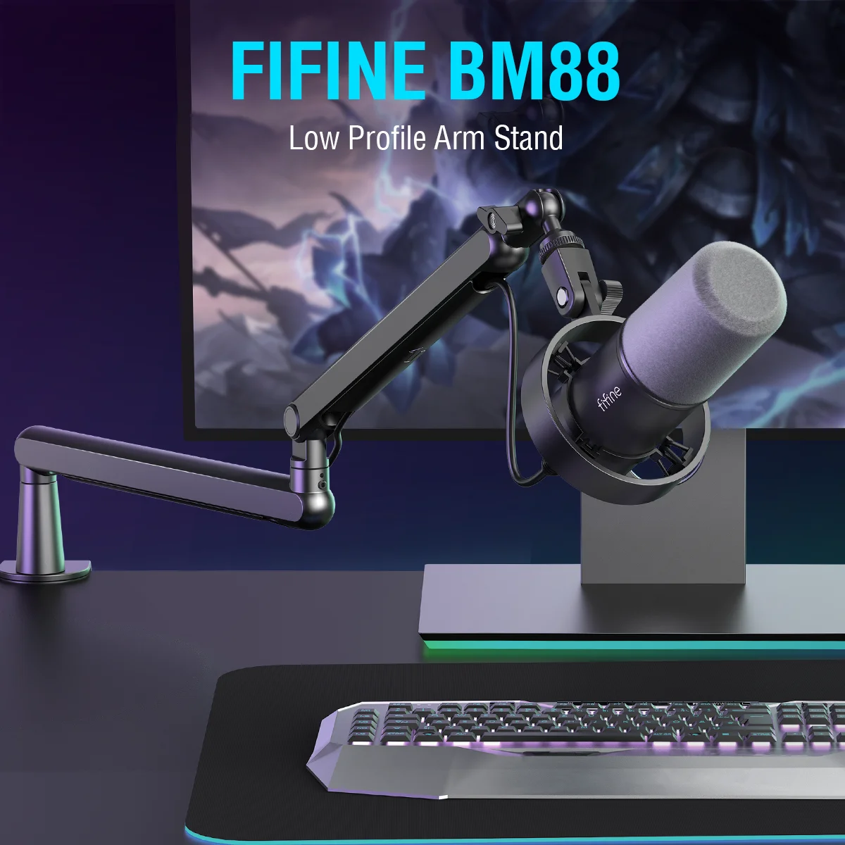 FIFINE Metal Microphone Boom Arm,Low Profile Adjustable Mic Arm Stand with Desk Mount/Cable Managment for AM8,A8,K688-BM88