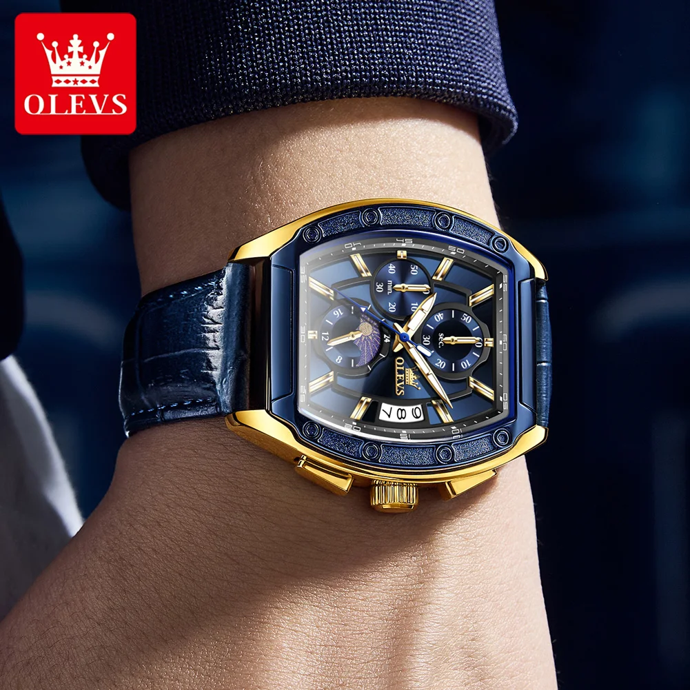OLEVS 3661 ساعة رجالية ساعة كوارتز متعددة الوظائف الشريط الرياضة مربع Blet ساعة للرجال القمر 30 متر مقاوم للماء صندوق مضيء هدية