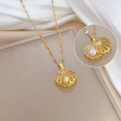 Vintage Shell Necklace,Women Jewelry,Hollow Pearl Shells Charms,Zircon Pendant Accessories,Gold-plating,Choker For Her