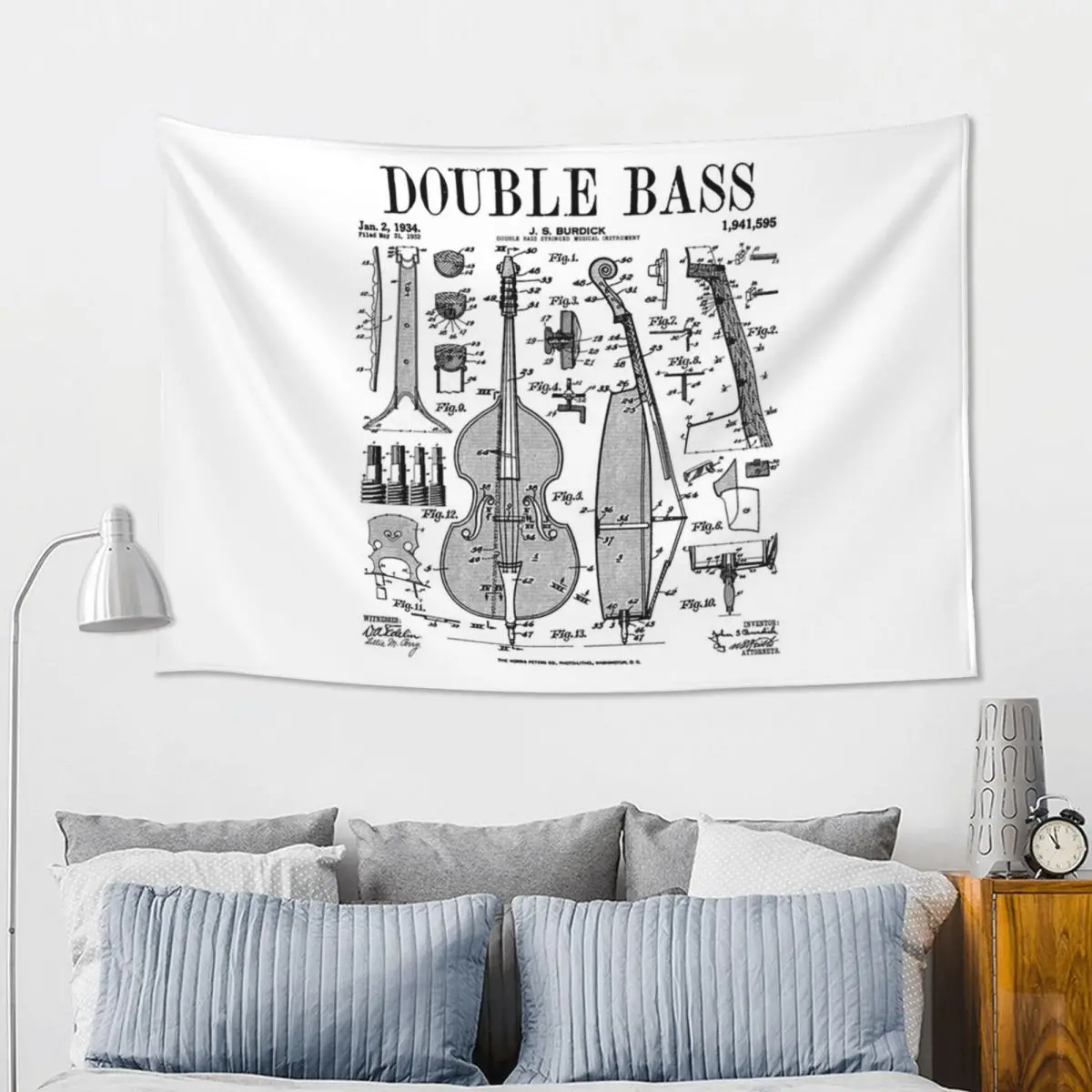 Double Bass Player Bassist Musical Instrument Vintage Patent Tapestry Hippie Wall Hanging Aesthetic Home Decor Tapestries
