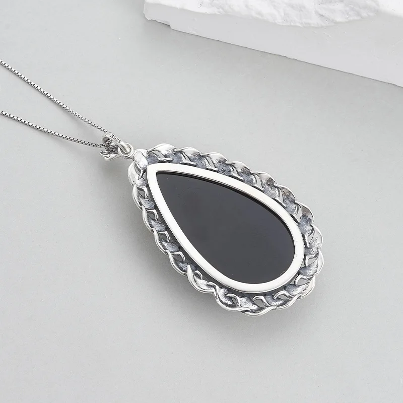 S925 Sterling Silver Charms Pendants for Women Leaves Edging Water Droplet Shaped Tangent Plane Agate Fashion Jewelry Wholesale