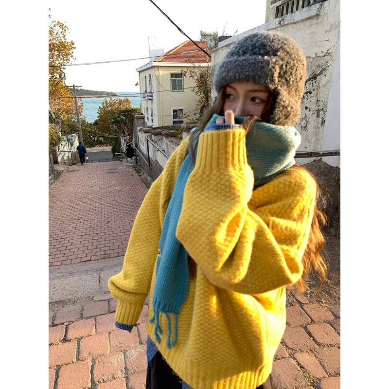 Women Autumn Winter Pineapple Texture Knit Sweater Dopamine Soft Loose Pullover Casual Outerwear Top
