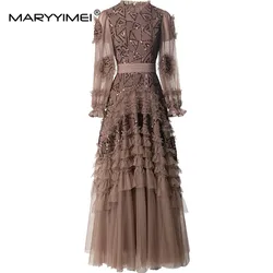 MARYYIMEI Autumn and winter New Style Ball Gown Dress Women's Stand collar Lantern Sleeved Sequins`Ruffles Slim Evening Dresses