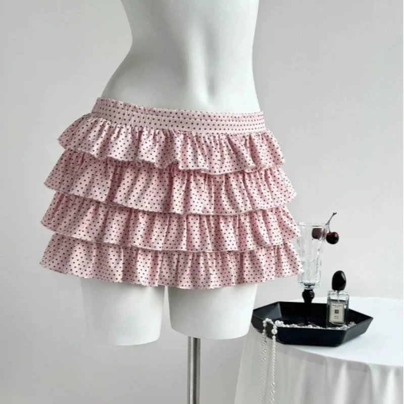 Fashionable Sexy Girl's Age Reducing Multi-layer Patchwork Skirt French Style Versatile Classics Pink Polka Dot Sweet Cake Skirt