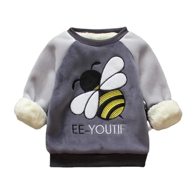 

2024 Autumn Winter Newborn Boy Sweatshirt Plus Velvet Thicken Bee Printed Infant Baby Boys Pullovers Cotton Spliced Kid Girl Top