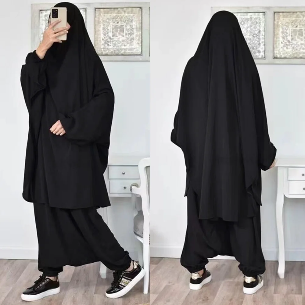 Women\'s Hooded Sports Suit Muslim Hijab Dress Eid Prayer Wear Jilbab 2 Piece Set Abaya Long Khimar black Full Cover Clothing