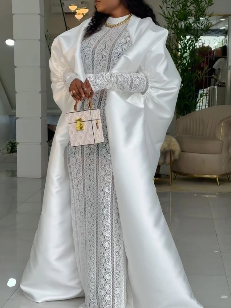 Two Pieces Set Loose Africa Clothing Kaftan Boubou Maxi Gown for Women Inside Lace Dresses with Cape Occasion Autumn New Fashion
