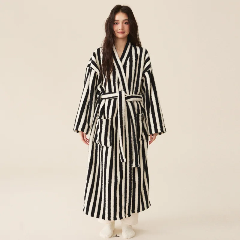 Winter Bathrobe Women Coral Velvet Thicken Warm Robes Home Clothes Thermal Nightwear Stripe Print Robe Sleepwear Pajamas