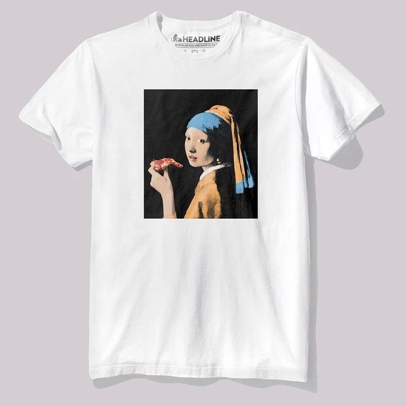 

American Retro Art Theme T-irt Pearl Earring Girl Pizza Slice Girl Casual Sle ort Sve Cotton Tee Youth ular Faion