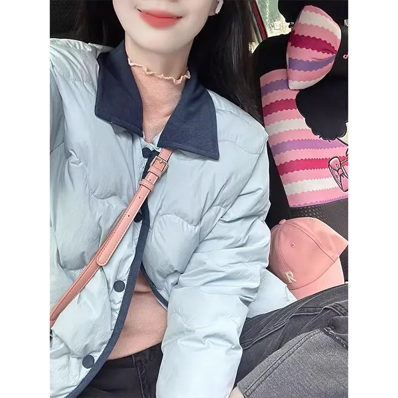 

Ele Blue Thin down Jaet Women's Spring Winter ort Sle Faionable Commute Pure Color Stand Collar Long Sve Top