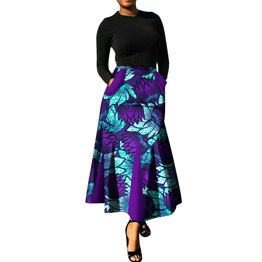 

African Summer Skirts for Women Pleated Long Skirts with Pocket Bazin Riche Plus Size Africa Clothing for Girls WY5820