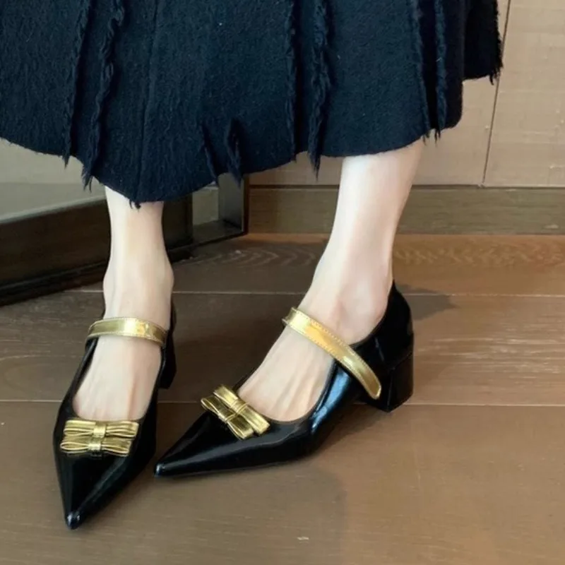 

2025 New Design French pointed single shoe butterfly bow with a thick heel Mary Jane shoes wedding shoes bride