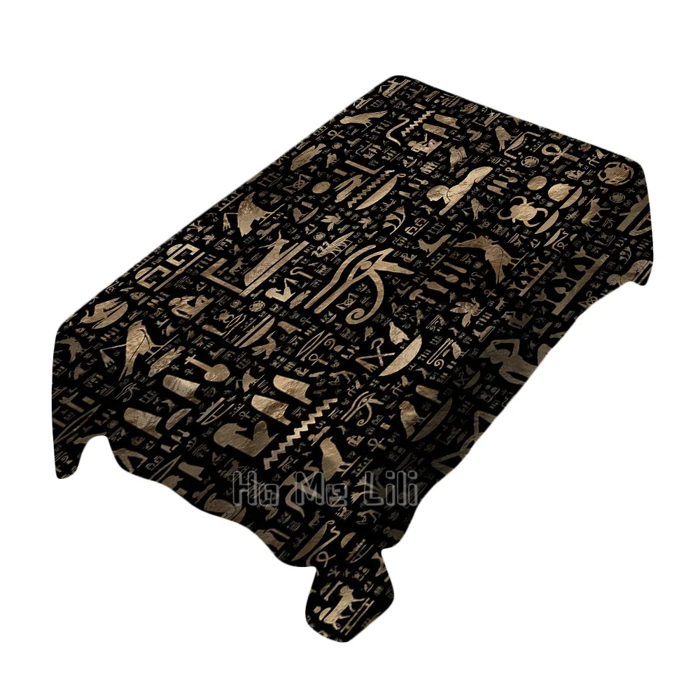 Egyptian Black And Gold Hieroglyphic Flat Mask Tablecloth Art Indoor And Outdoor Polyester Waterproof And Oil Resistant