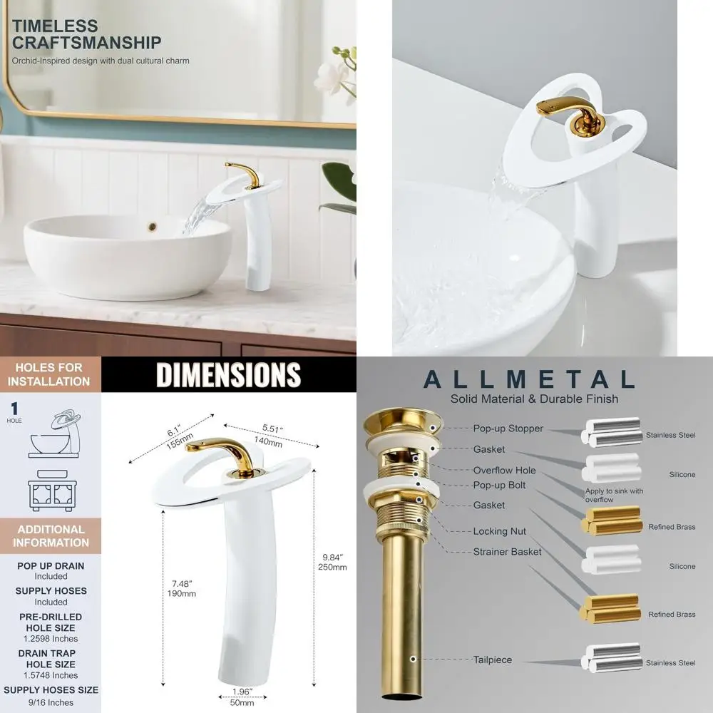 

Modern White Gold Waterfall Faucet with Heart-Shaped Taps for Elegant Bathroom Sink