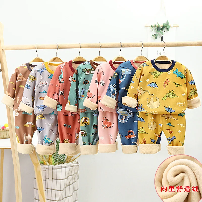 2pcs/set fall and winter children's facecloth pajamas boys and girls cardigan thickened warm home clothing pajamas children's cl