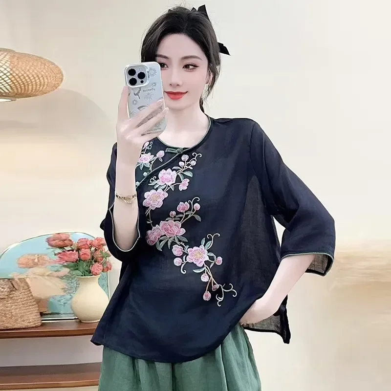 Women's Pink Cheongsam Style Blouse Embroidery Detail Half-Sleeve Loose Fit Casual Traditional Chinese Top