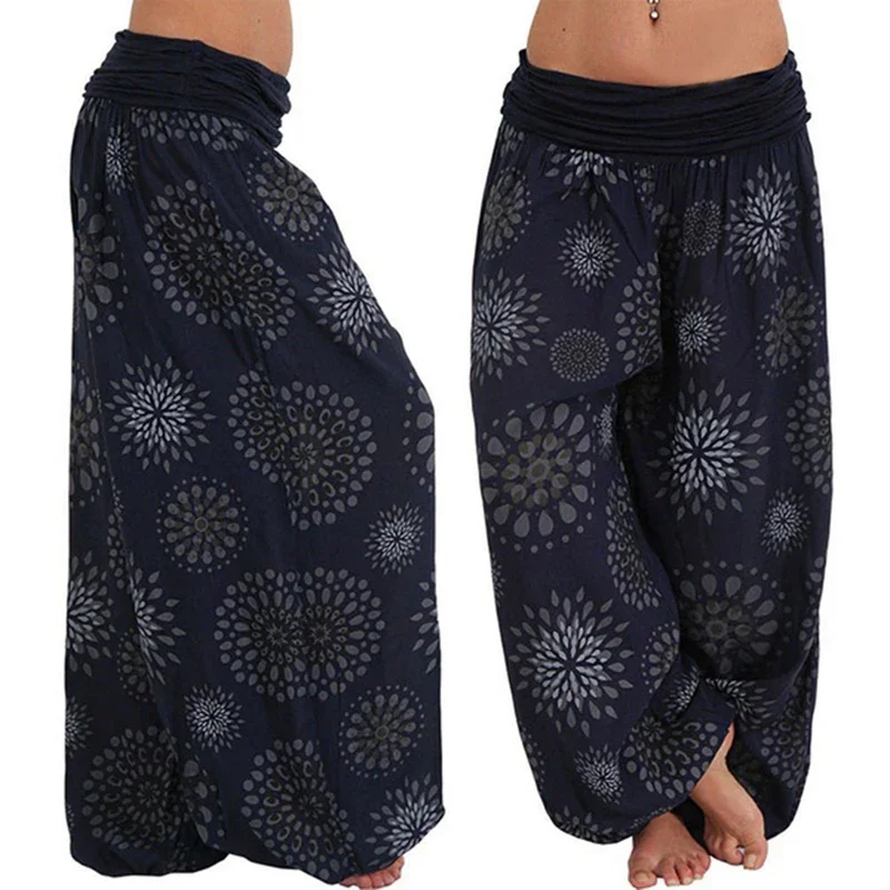 Nowa moda damska Boho z szeroką nogawką spodnie damskie na co dzień z kwiatowym z nadrukiem luźne spodnie Vintage Pilates elastyczne spodnie w talii