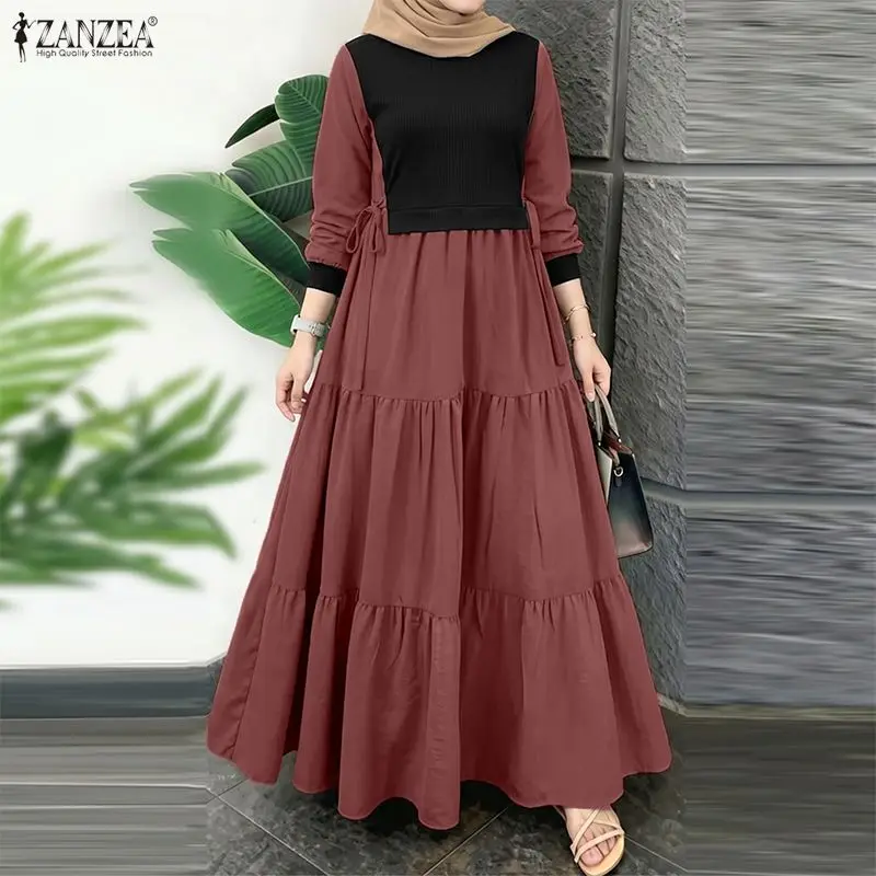 

Women Patchwork Muslim Abaya Dress ZANZEA Ramadan Robe Femme O Neck Long Sleeve Pleated Sundress Casual Maxi Dresses Kaftan 2026