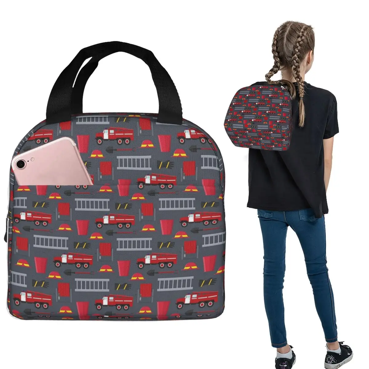 Fire Truck Firefighter Design Pattern Insulated Lunch Bag for Women Children Leakproof Food Boxes Thermal Lunch Box Tote