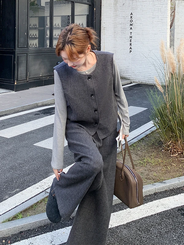 

Серый комплект из трех предметов в корейском стиле: жилет, широкие брюки и базовая рубашка. Женский, для ранней осени, модный, повседневный, дышащий, средней плотности.