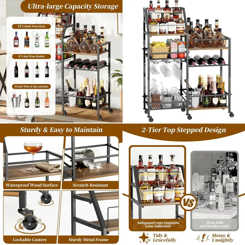 

Compact Home Bar Cart with Wine Glass Rack, Ideal for Whiskey, Wine, and Liquor Storage in Kitchen or Dining Area