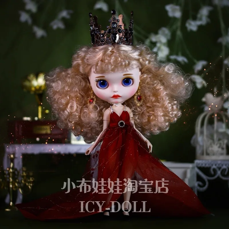 

ICY DBS Blyth Doll Clothe Роскошный дизайн бордовое вечернее платье + корона + серьги комплект для OB24 Azone Blyth Doll Party Dress Up