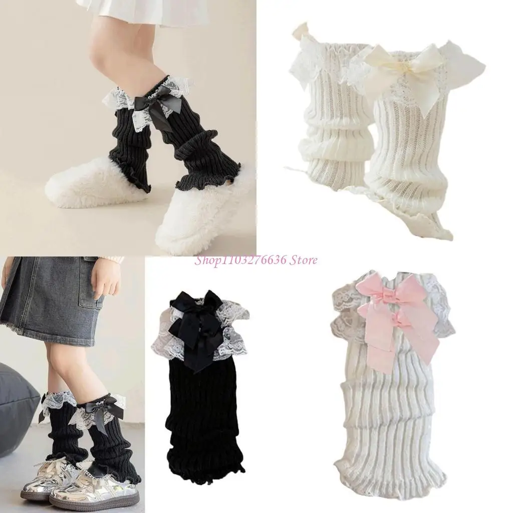 

R6FD Fashion Lace Bows Leg Warmers Dresses Socks for Girl School Uniform Leg Cover