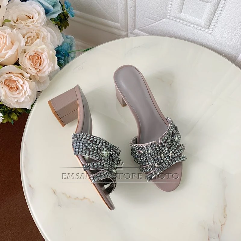 Diamond Rhinestone Banquet Shoes Woman Genuine Leather Med Hoof Heel Sexy Open Toe Slim Summer Sandals Women