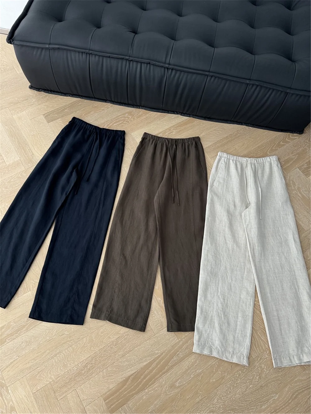 

Women Casual Pants Elastic Waist Drawstring Straight Wide-leg Long Trousers