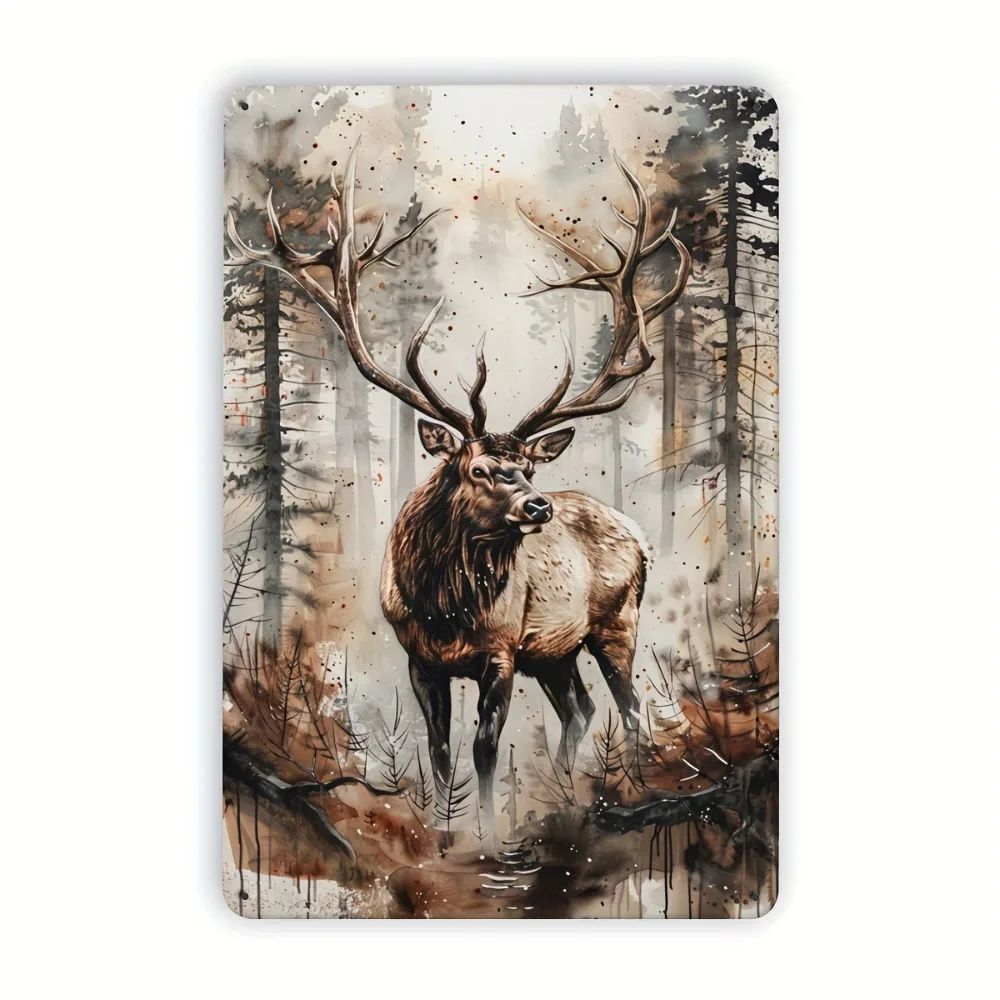 Vintage Elk in Misty Forest Metal Sign, Watercolor Style Rustic Wall Art 8x12 Inch for Study, Living Room & Fall Decor