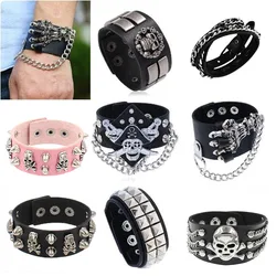 New Pink Skull Skeleton Chain Spikes Rivet Stud Bracelets Wide Cuff PU Leather Punk Gothic Rock Unisex Bracelet Men Jewelry