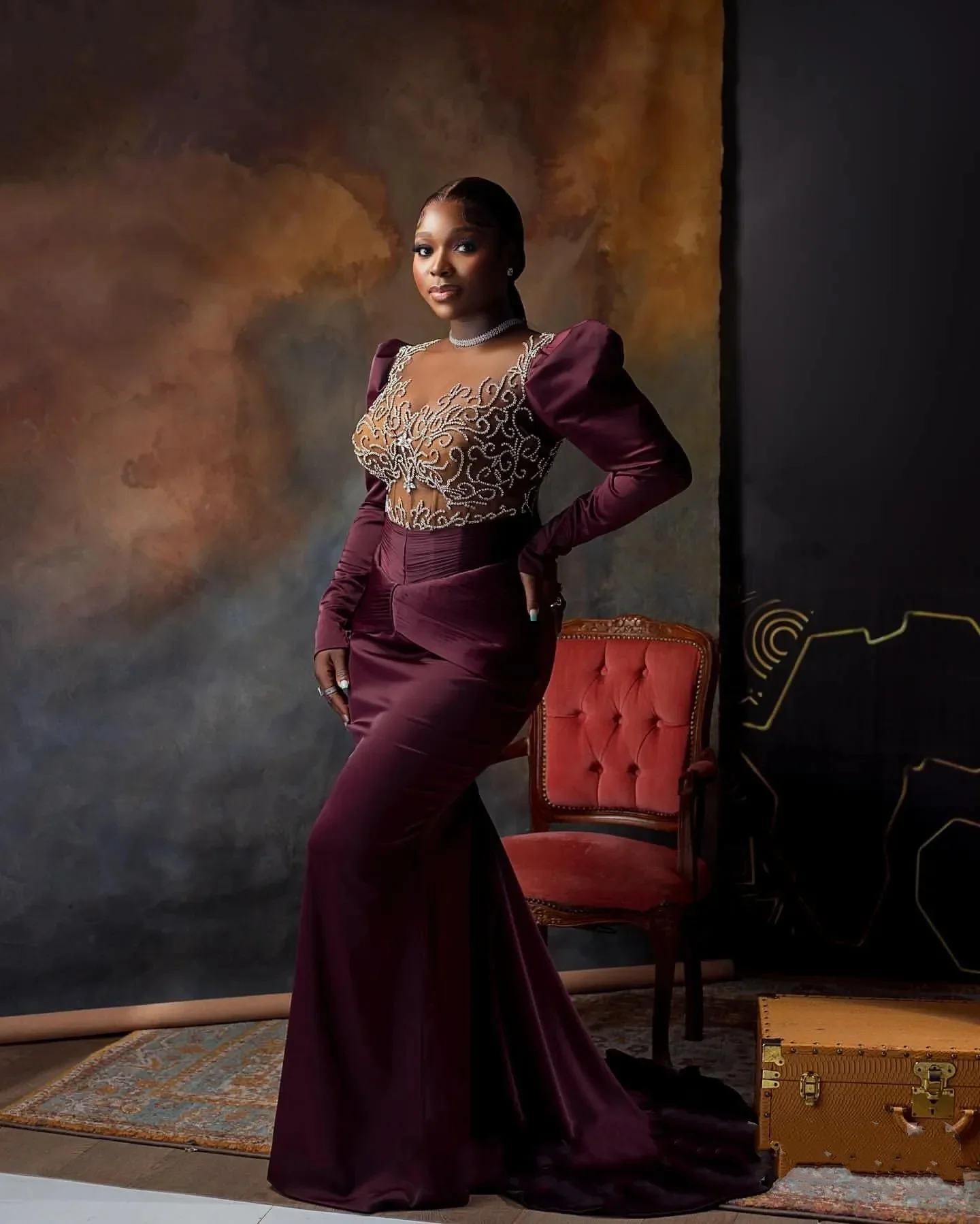 

Satin Illusion Beaded Rhinestones Evening Formal Party Second Reception Birthday Gowns Dres Aso EbiBurgundy Mermaid Prom Dresse
