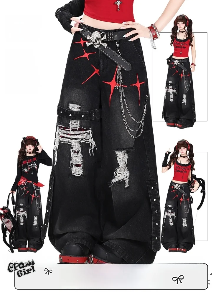 Crazygirl Original Street Dance Subculture Vintage Ripped Loose Wide Leg Workwear Jeans Women's Original Style Faded Jeans