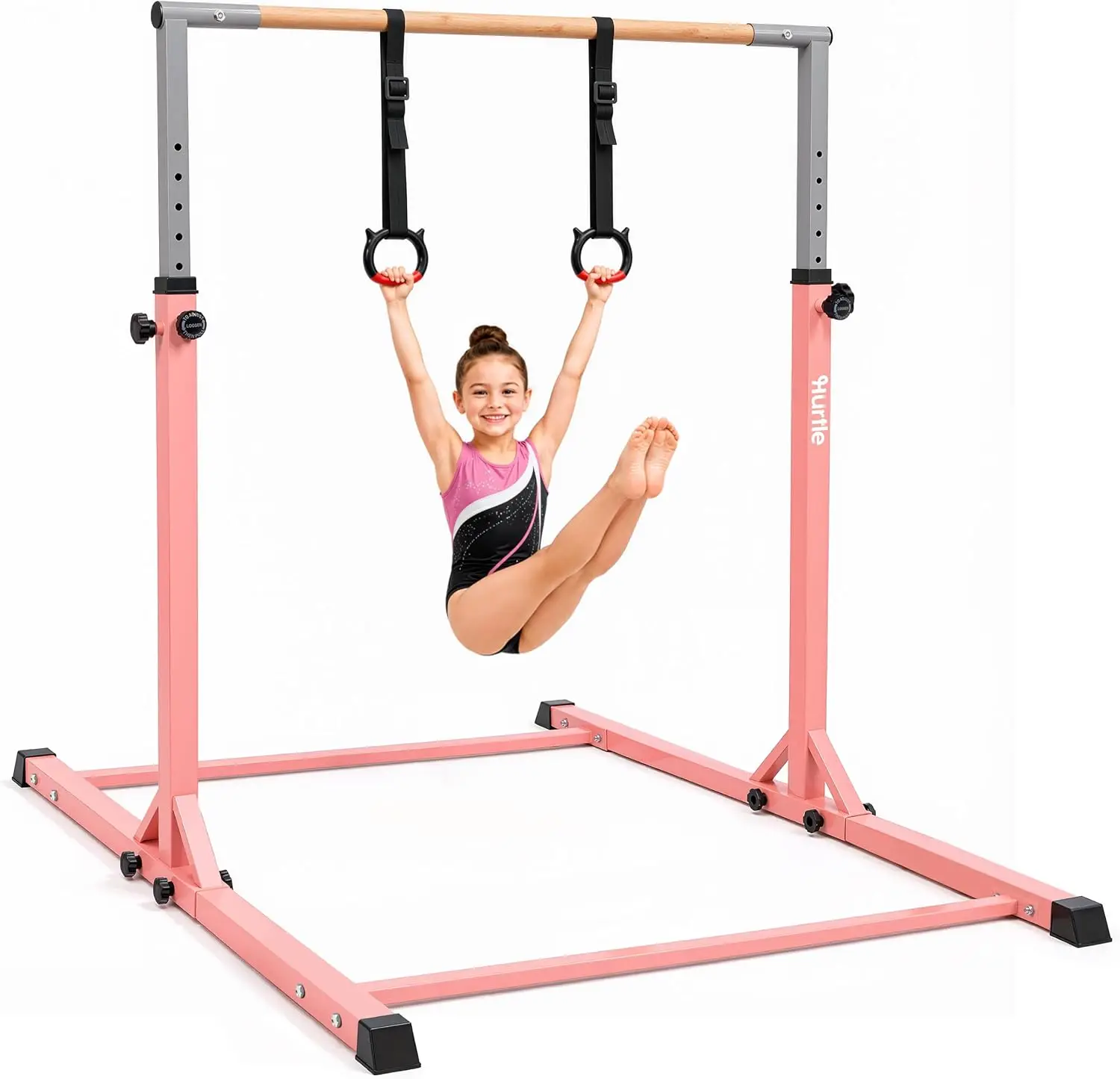 Kids Gymnastics Bar with 12-Level Adjustable Height, Non-Slip Base, Pull-Up Bar for Children, 220 lbs Capacity, Heavy-Duty Steel Indoor Home Gym Equipment for Training