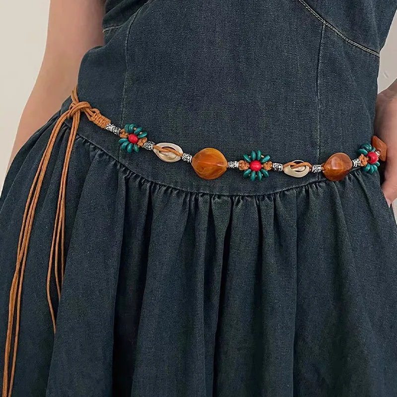 

Y2K богемное ретро-культура этнического ветра на талии, веревочное платье, дизайн, простой тканый пояс