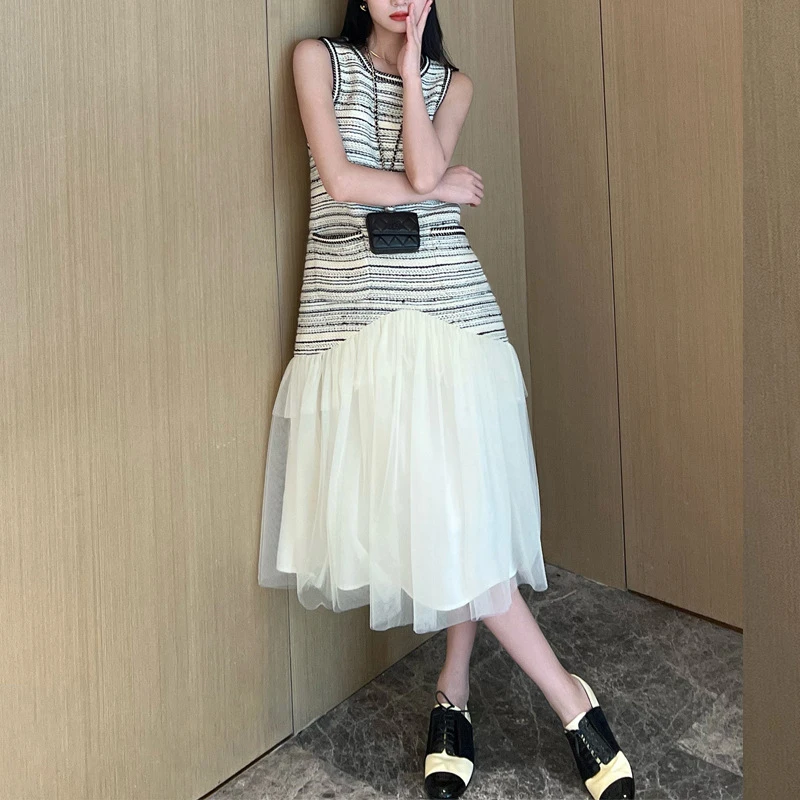 Women Round Collar Gauze Tweed Splicing Dress Small Fragrant Elegant Loose Korea Fashion Sleeveless Vest Summer Dress Vestidos